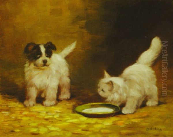 The Cat, The Pup, And The Saucer Of Milk Oil Painting by Kalman Mesterhazy