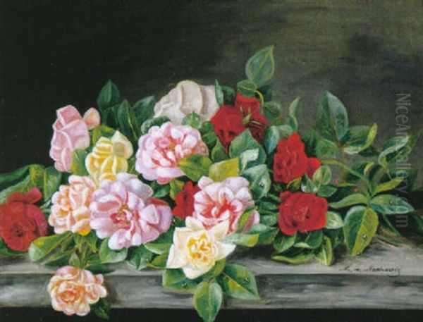 Bunte Rosenbluten Auf Platte Vor Grau Changierendem Hintergrund Oil Painting by Mathilde Von Mestrovic