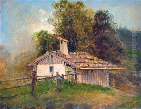 Farmstead Oil Painting by Geza Meszoely