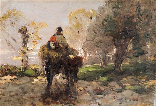 Haycart Oil Painting by Geza Meszoely