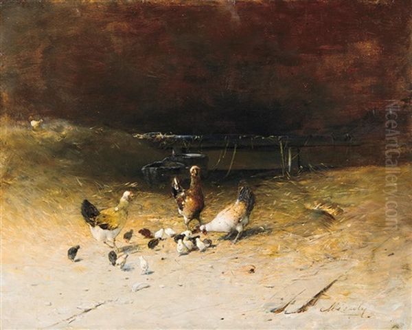 Hen Yard Oil Painting by Geza Meszoely