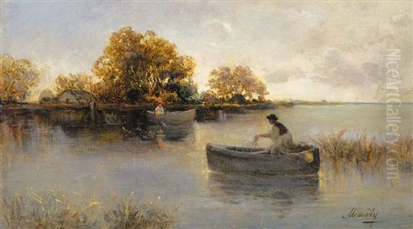 Fishing Oil Painting by Geza Meszoely