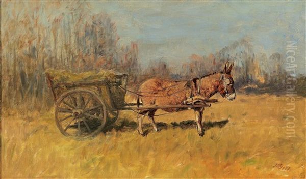 Donkey With Hay Cart Oil Painting by Geza Meszoely