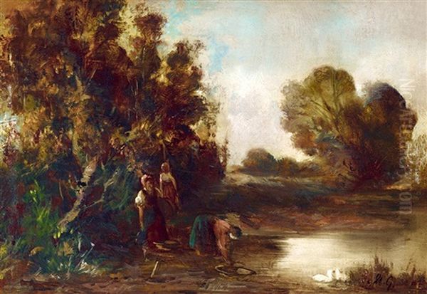 Riverside, 1870s Oil Painting by Geza Meszoely