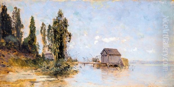 Bath-house At The Balaton Oil Painting by Geza Meszoely