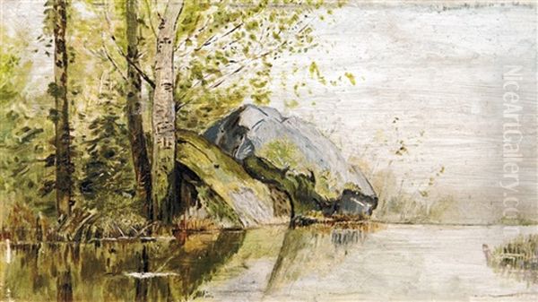 Landscape By The Riverside Oil Painting by Geza Meszoely