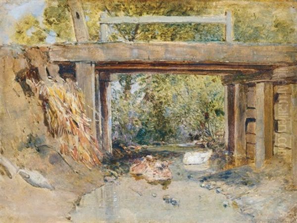 Stream Bank With A Bridge Oil Painting by Geza Meszoely