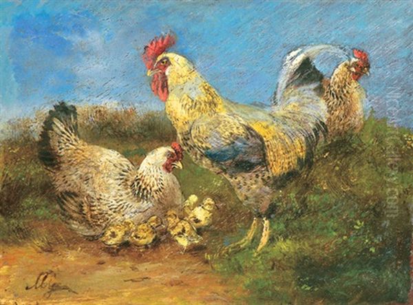 Chicken Run Oil Painting by Geza Meszoely