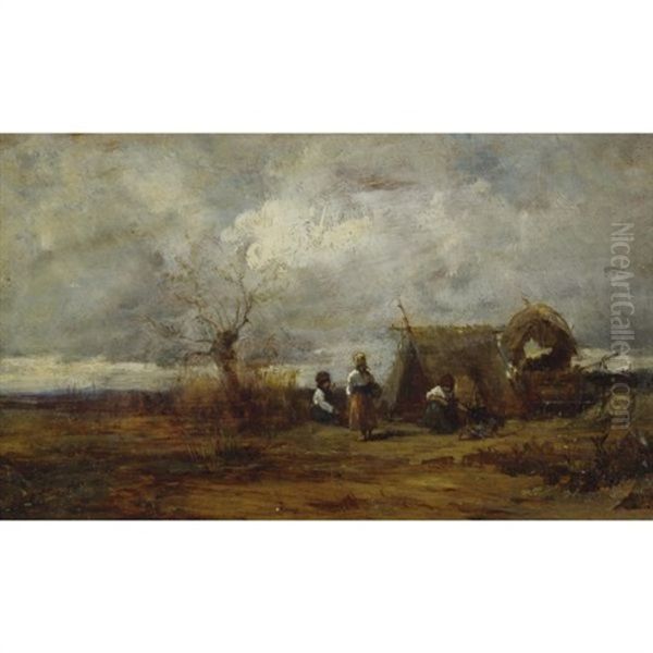 Gypsy Camp Oil Painting by Geza Meszoely