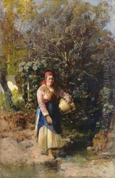 Woman Carrying Water Oil Painting by Geza Meszoely