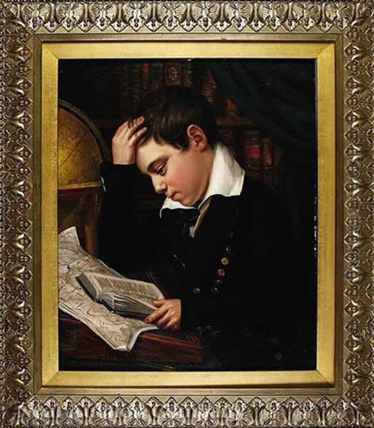 The Artist's Son James Whiting Metcalf Aged Twelve, Studying Geography Oil Painting by Eliab Metcalf