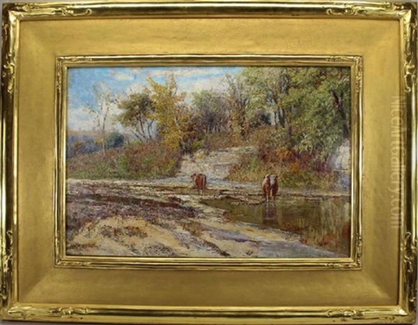 Painting Of Cows Watering Near A River In A Springtime Landscape Oil Painting by Willard Leroy Metcalf