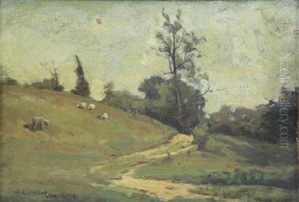 Grazing Sheep In Landscape Oil Painting by Willard Leroy Metcalf