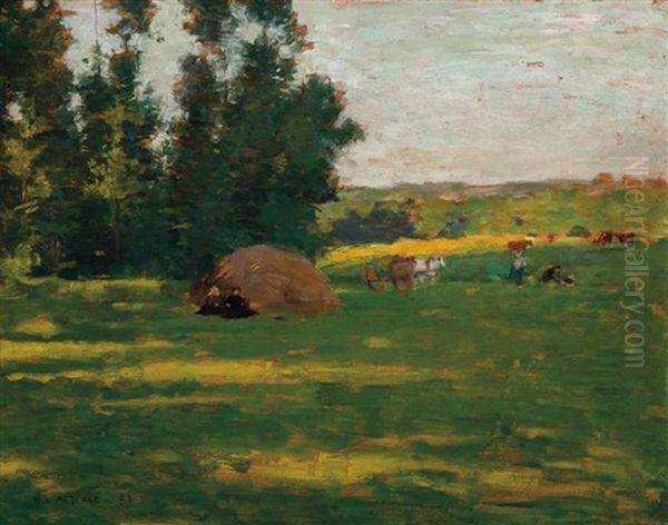 Lengthening Shadows, No. 1 (resting At The Haystack) Oil Painting by Willard Leroy Metcalf