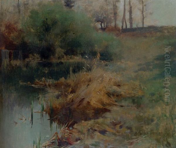 Spring Reeds In Chadwick's Garden At Grez Oil Painting by Willard Leroy Metcalf