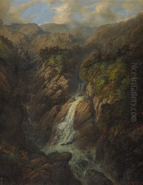 Urwaldlandschaft Mit Wasserfall Oil Painting by Adolf Methfessel