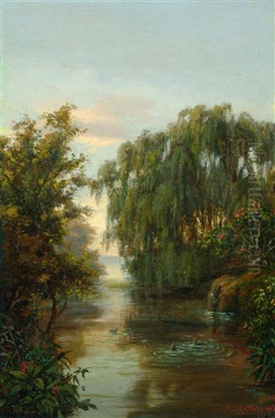 Flusslandschaft Mit Exotischen Pflanzen Im Urwald Oil Painting by Adolf Methfessel