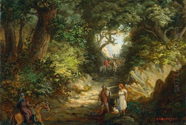 Gauchos Mit Viehherde Im Argentischen Urwald, Im Vordergrund Ein Wanderndes Paar Oil Painting by Adolf Methfessel