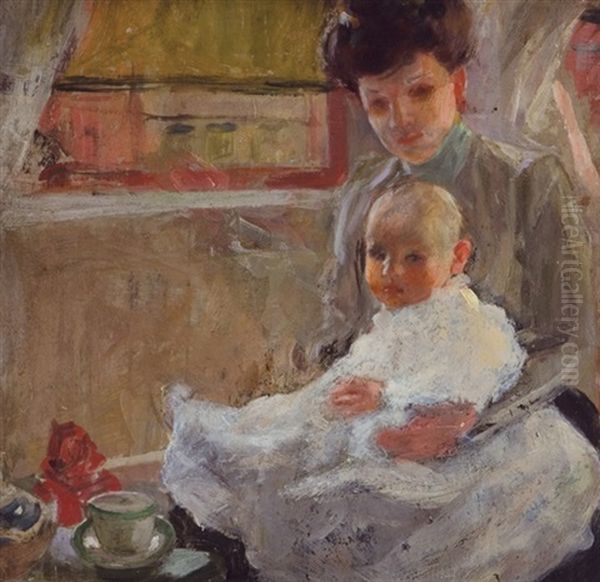 Mother And Baby Oil Painting by Herman Methfossel