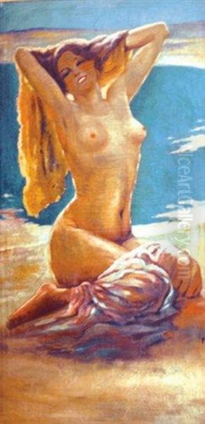 Nu Sur La Plage Oil Painting by Leopoldo Metlicovitz