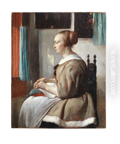 A Young Lady With A Sewing Pillow Oil Painting by Gabriel Metsu