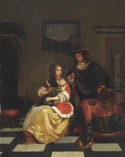 An Elegant Couple With A Child In An Interior Oil Painting by Gabriel Metsu