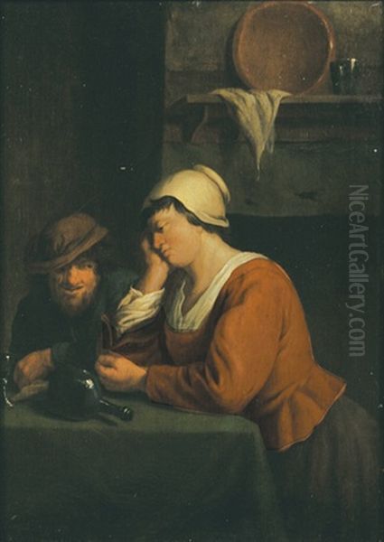 Interieur Mit An Einem Tisch Sitzendem Bauernpaar Oil Painting by Gabriel Metsu