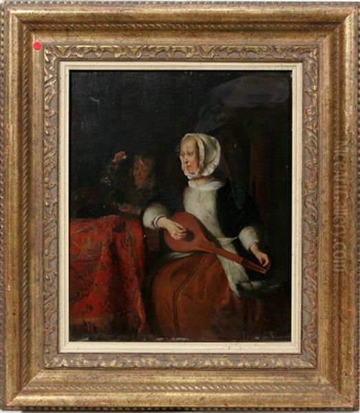 Woman And Child With Dog Oil Painting by Gabriel Metsu