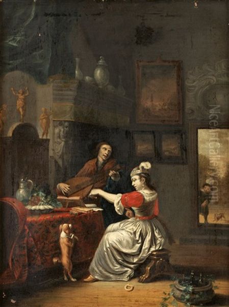 Interior Med Galant Sallskap Och Hund Oil Painting by Gabriel Metsu