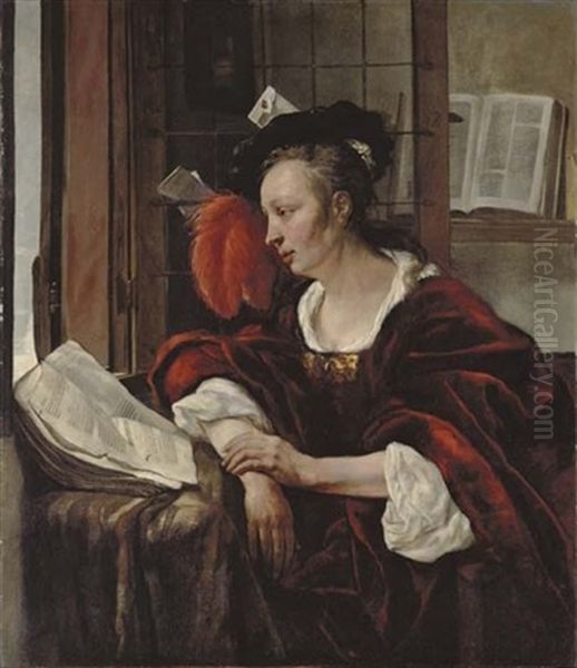 A Woman In A Red Velvet Dress And Wearing A Black Velvet Beret With Red Feather Plume Oil Painting by Gabriel Metsu