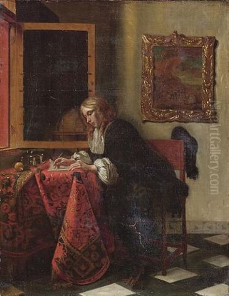 A Gentleman Writing A Letter At A Draped Table In An Interior Oil Painting by Gabriel Metsu