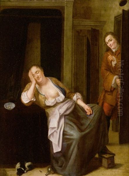 Eingeschlummerte Dame Von Ihrem Galan Uberrascht Oil Painting by Gabriel Metsu