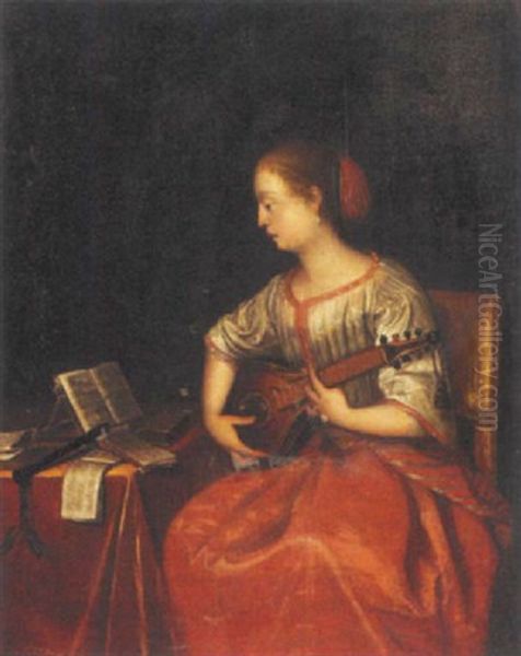 An Interior With A Seated Lady Playing A Cittern Oil Painting by Gabriel Metsu