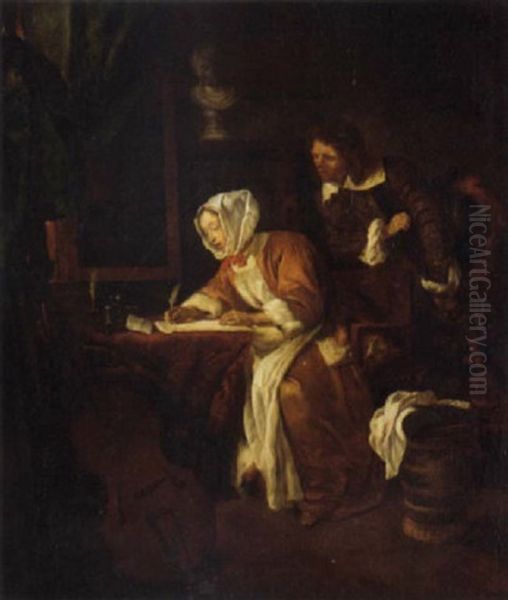 The Letter Writer Surprised Oil Painting by Gabriel Metsu