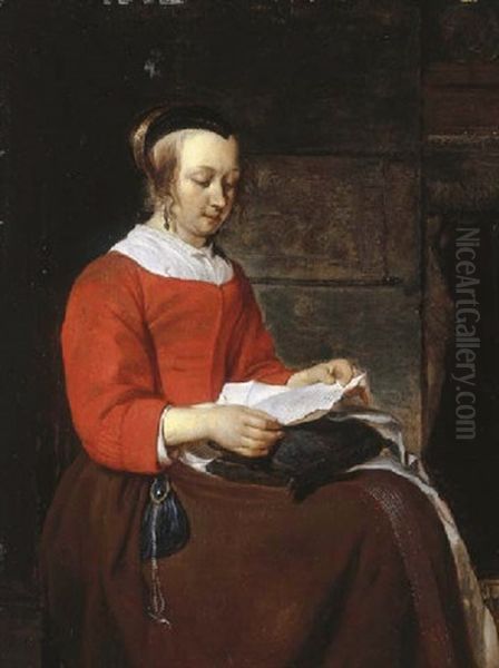 A Young Woman Seated In An Interior, Reading A Letter Oil Painting by Gabriel Metsu