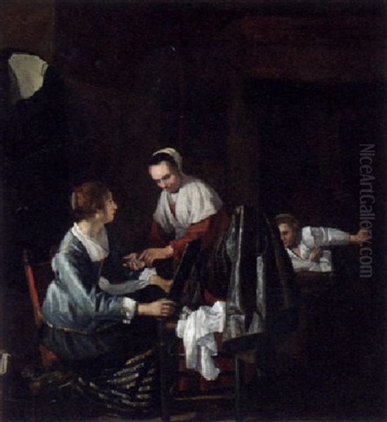 Women In A Bed Chamber Oil Painting by Gabriel Metsu