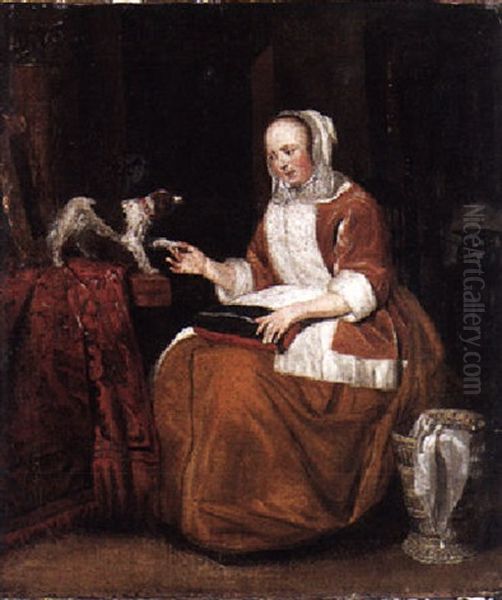 A Woman In An Interior With Her Dog Oil Painting by Gabriel Metsu