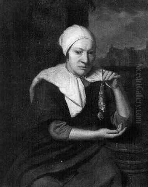 A Woman, Seated By A Barrel, Holding Up A Herring Oil Painting by Gabriel Metsu