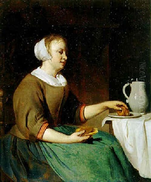 Girl Eating At A Table Oil Painting by Gabriel Metsu