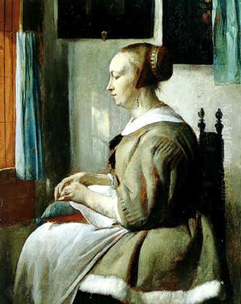 A Young Woman With A Sewing Pillow Oil Painting by Gabriel Metsu