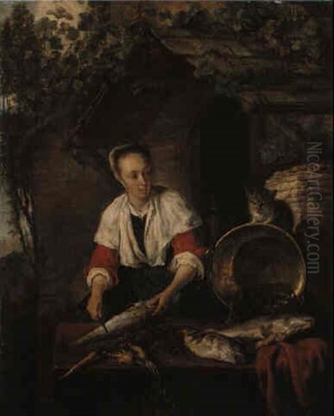 A Maid Cleaning Fish Outside A House Oil Painting by Gabriel Metsu