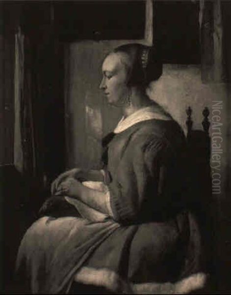 A Young Woman With A Sewing Pillow Oil Painting by Gabriel Metsu