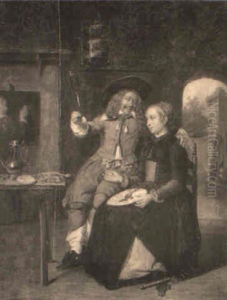 An Officer And A Lady Carousing In An Interior Oil Painting by Gabriel Metsu