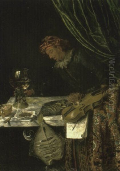 Man At A Draped Table With A Roemer, Violin, Pipe And Fish Oil Painting by Gabriel Metsu