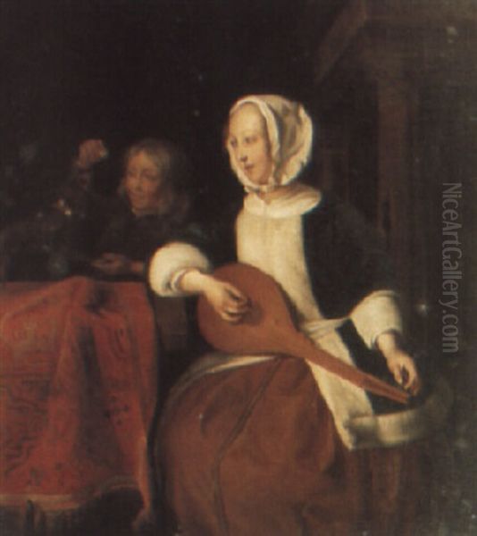 Lady With A Lure, A Child And Pet By Her Side Oil Painting by Gabriel Metsu