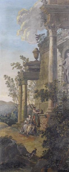 A Capriccio Of Lovers Beside Romanruins In A Landscape Oil Painting by Nicolas Bertuzzi L'Anconitano