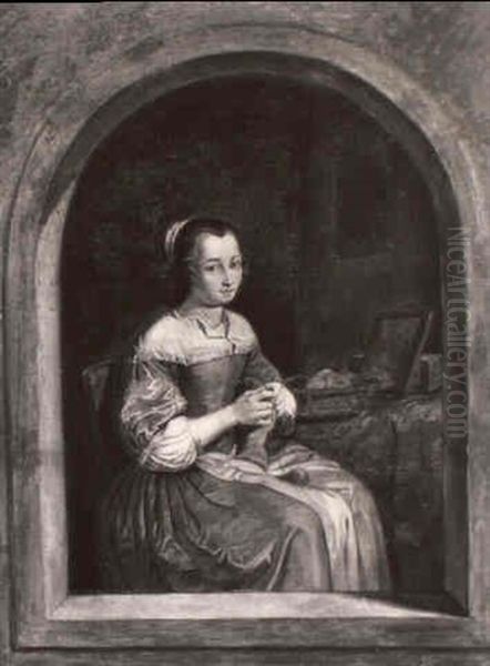 A Peasant Young Woman Knitting At A Niche Oil Painting by Gabriel Metsu