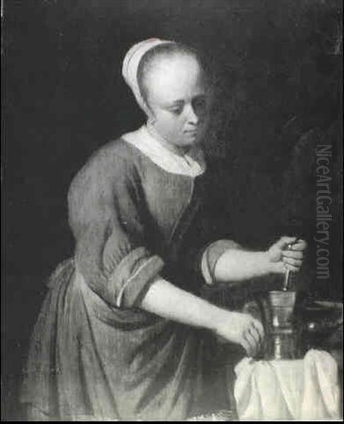 A Young Girl With A Pestle And Mortar Oil Painting by Gabriel Metsu