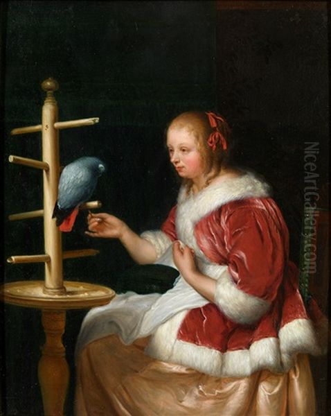 A Young Woman In A Red Satin Jacket Feeding A Parrot Oil Painting by Johann Jakob Mettenleiter