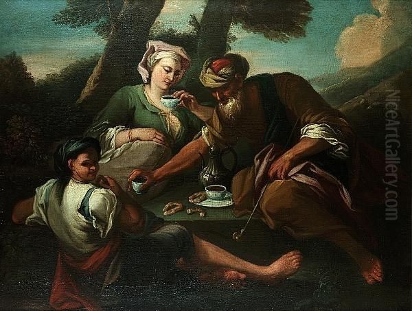 A Turk And His Family Taking Coffee In A Landscape Oil Painting by Nicolas Bertuzzi L'Anconitano